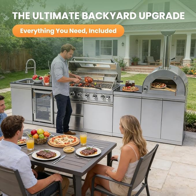 128" Outdoor Kitchen Island,Stainless Steel Propane BBQ Grill with Pizza Oven, Rotisserie, Refrigerator, Granite Countertop, Storage Cabinets & Drawers 120,000 BTU.