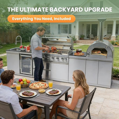 128" Outdoor Kitchen Island,Stainless Steel Propane BBQ Grill with Pizza Oven, Rotisserie, Refrigerator, Granite Countertop, Storage Cabinets & Drawers 120,000 BTU.