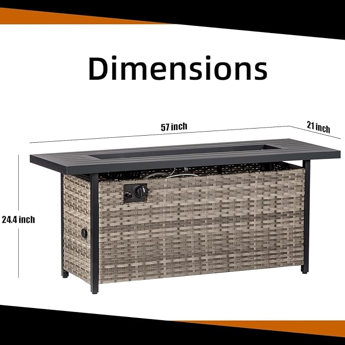 EcoNook 57 inch Propane fire Pit Table with Waterproof Cover & Ratten Side Panel, 50000 BTU Gas Firepit Table with Lid & Lava Rock, Outdoor Fire Pit for Dining or Party, Firepit for Outside, Patio