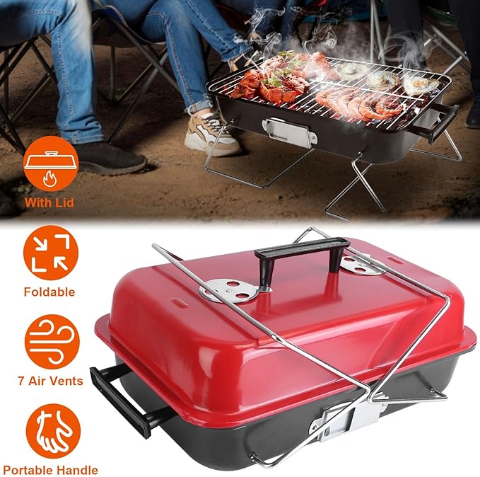 Portable Charcoal Grill Outdoor Tabletop Grill Small Barbecue Smoker Folding BBQ Grill with Lid for Backyard Camping Picnics Beach