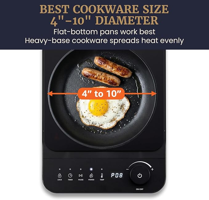 Elite Gourmet Slim Portable Induction Cooktop, 1500W, 10 Power Levels | Digital touch controls, precise 140°F-465°F range, built-in timer & child lock, 2in countertop design