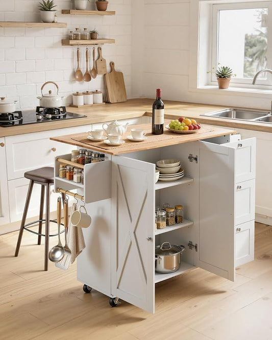 VEVOR Kitchen Island Cart, 45.3x39 inch Rolling Kitchen Table, Mobile Carts with Storage Cabinet and Solid Wood Top, Portable Islands with Wheels, Spice Rack, Towel Rack, Drop Leaf and Drawer, White
