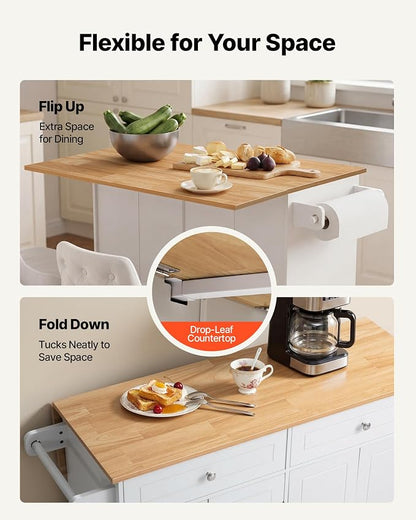 VEVOR Kitchen Island Cart with Storage, 47.64 in Wide Mobile Rolling Storage Island on Swivel Wheels, with 2 Drawers, Storage Cabinet, Drop Leaf, Towel Rack, Table for Home Dining Room, White