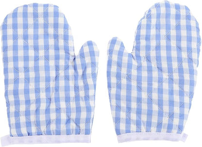 2Pcs Kids Oven Mitts for Children Play Kitchen, Anti- Scald Gloves Microwave Oven Gloves Kitchen Mitts for Kids Toddler Safe Baking Cooking (Light Blue Checkered)