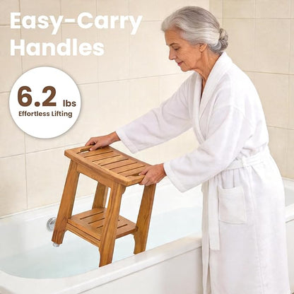 NNN 14" Compact Teak Shower Stool with Japan-Made Non-Slip Leveling Feet | US Patented Design, Marine-Grade Hardware, Pre-Oiled European Teak Oil, Ready, 300lb, for Small Baths Tubs & Outdoor Pools