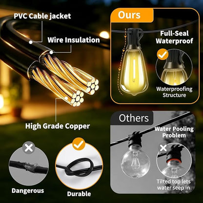 Solar Lights Outdoor, 40FT ST38 LED IP65 Waterproof Patio Lights | 13 Shatterproof Bulbs Hanging Light, Solar or USB Charging, 3 Lighting Modes for Backyard Porch Party Decor Warm White