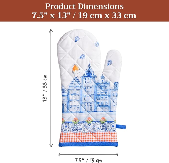 Maison d'Hermine Oven Gloves 100% Cotton Oven Mitt 7" x 13" with Loop Heat Resistant BBQ Cooking Gloves Baking Grilling Kitchen Hotel Home Farmhouse Spring Summer (Pack of 1, Amsterdam Canals)