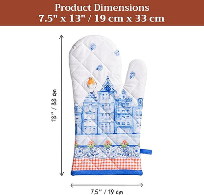 Maison d'Hermine Oven Gloves 100% Cotton Oven Mitt 7" x 13" with Loop Heat Resistant BBQ Cooking Gloves Baking Grilling Kitchen Hotel Home Farmhouse Spring Summer (Pack of 1, Amsterdam Canals)