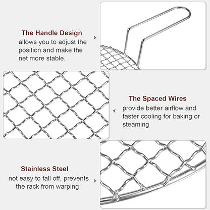 HARFINGTON Stainless Steel Grill 13-inch Round Barbecue Net BBQ Grill Pan Non-Stick Baking Wire Mesh Rack with Handle for Charcoal BBQ Steak