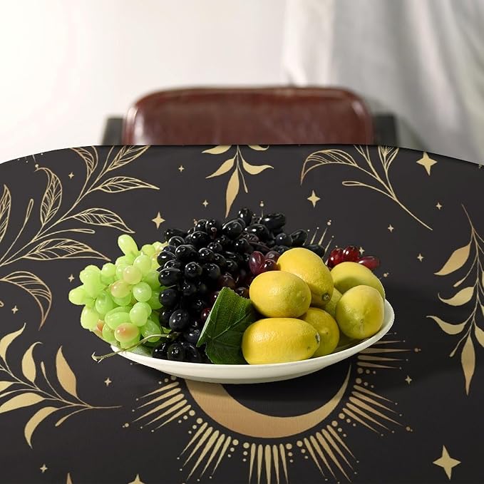Sun Moon Tablecloth Vintage Boho Astrology Gold Celestial Star Galaxy Space Table Cloth Water Resistant Wipeable Table Cover for Picnic Party Holiday Kitchen Dinner Table 55"x75"