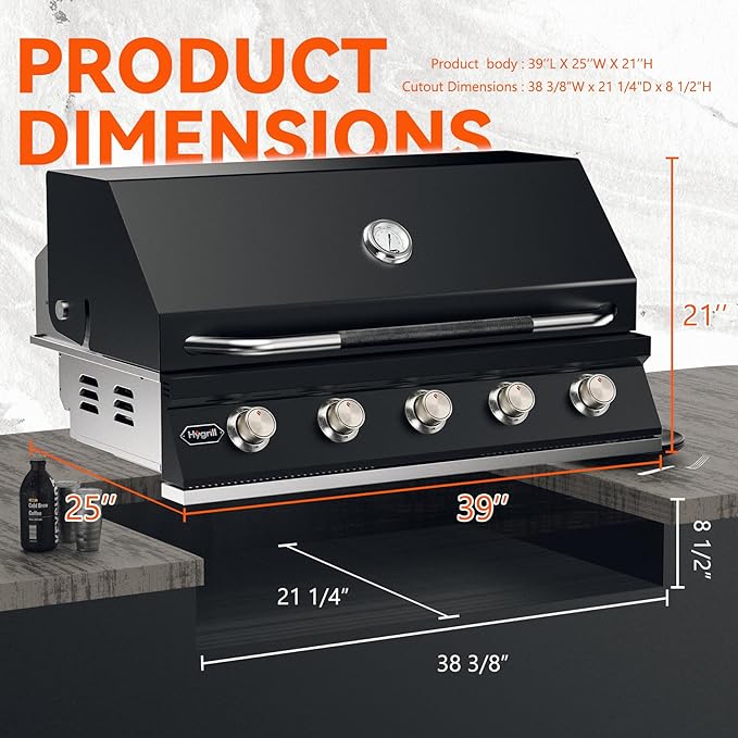 Hygrill STD Series 40-Inch Built In Grill for Liquid Propane, Stainless Steel Outdoor Kitchen 5-Burner Grill Head, Black