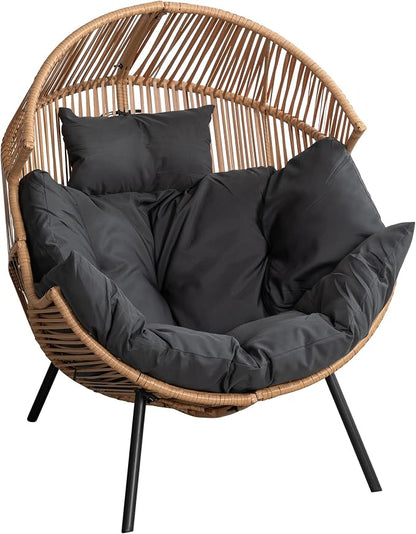 Shintenchi Wicker Egg Chair Rattan Patio Chair with Cushion, Oversized Patio Lounge Chairs Egg Basket Chair, Egg Seat for Indoor Living Room Bedroom Outside, Deep Grey