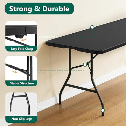 6FT Folding Table, Heavy Duty Plastic Fold-in-Half Utility Table with Handle, Portable Camping Picnic Table with Steel Legs for Indoor Outdoor Party, Dining, Black,2 Pack