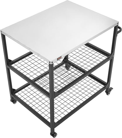 VEVOR Outdoor Grill Cart, 31.5 x 24.0 inch Stainless Steel Tabletop Size Grilling Table, Outdoor Cooking Table with 4 Wheels & Side Handle, Two Mesh Shelves, BBQ Prep Tables for Patio, Garden