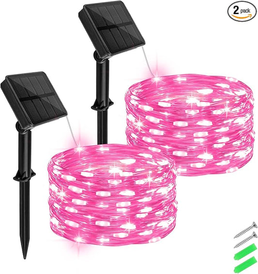 Solar Fairy Lights Pink Outdoor Waterproof,16.4ft 50LED Solar String Lights Pink for Outside 8 Modes 2 Packs for Girls Patio Backyard Garden Deorations Pink