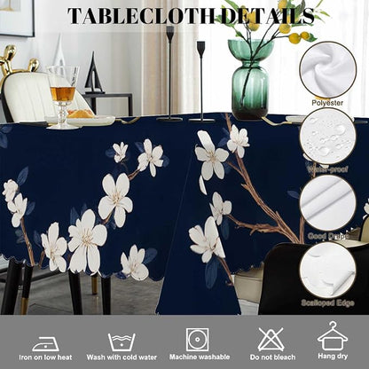 Swono Cherry Blossoms Table Covers 52x70 Inch Branch White Flower Cherry Navy Blue Wipeable Tablecloth Kitchen Dinning Tabletop Decoration, Table Cloth for Outdoor and Indoor Use