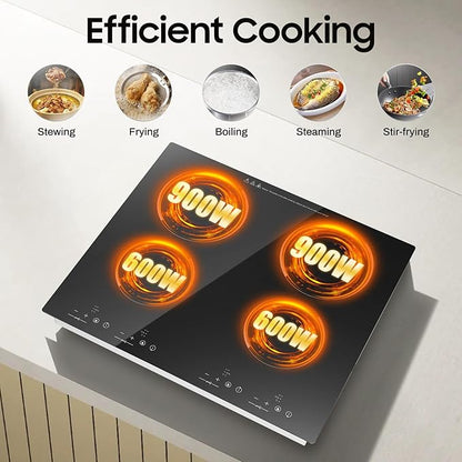 4 Burner Electric Cooktop 110v, 23 Inch Portable Stove Cooktop with LED Display, Child Safety Lock and Timer, 3000W 9 Power Level Electric Ceramic Built-in Stove Top, Hard Wire (No Plug)