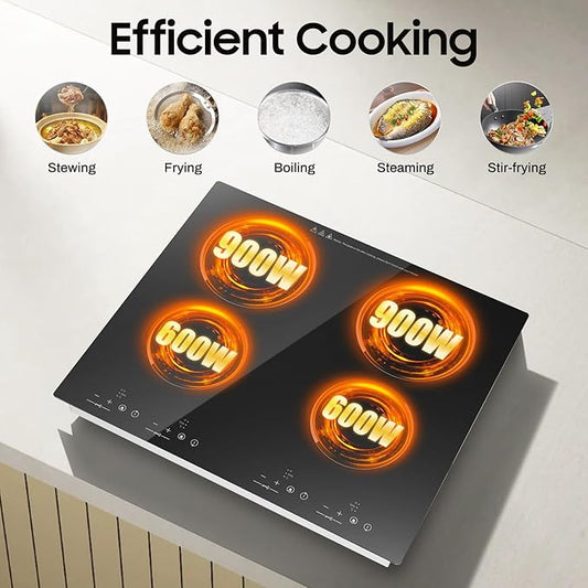 4 Burner Electric Cooktop 110v, 23 Inch Portable Stove Cooktop with LED Display, Child Safety Lock and Timer, 3000W 9 Power Level Electric Ceramic Built-in Stove Top, Hard Wire (No Plug)