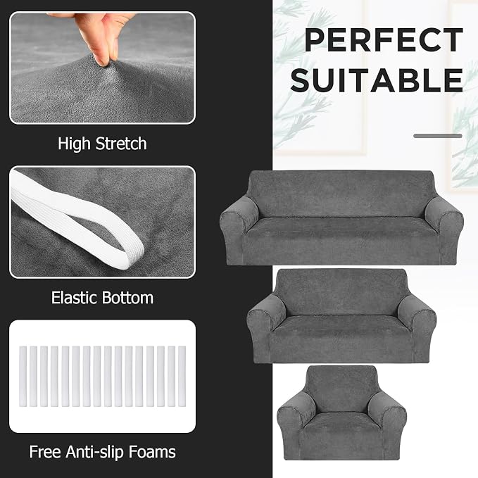 Peryiter 3 Pcs Couch and Loveseat Sofa Covers,Dark Gray,Velvet | Armchair Covers for Living Room, Sofa Cushion Slipcover, Furniture Protector, Polyester and Spandex, Washable