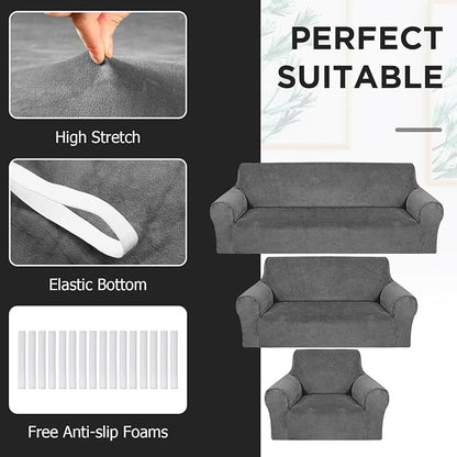Peryiter 3 Pcs Couch and Loveseat Sofa Covers,Dark Gray,Velvet | Armchair Covers for Living Room, Sofa Cushion Slipcover, Furniture Protector, Polyester and Spandex, Washable