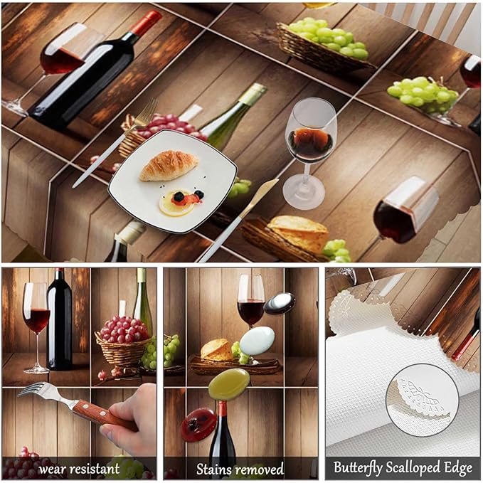Swono Tablecloth Wine, Retro Red Wine Bottle Glass Grape Wooden Table Cloth for Kitchen Dining Tabletop Decoration Parties Weddings, 52 X 70 Inch Rectangle Tablecloth