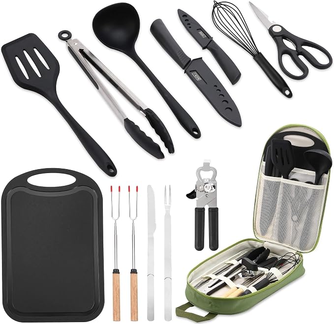 Wesqunie Camping Cooking Utensils Set, Cookware Set for Outdoor Hiking BBQ | Stainless Steel & Silicone Mess Kit, Durable Outdoor Kitchen Gear for Hiking, RV, Picnic Grill & Travel Camping Meal Prep