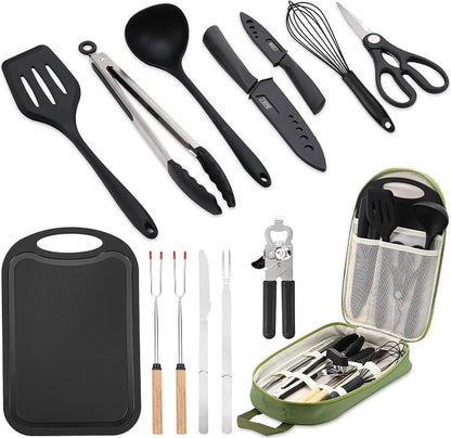 Wesqunie Camping Cooking Utensils Set, Cookware Set for Outdoor Hiking BBQ | Stainless Steel & Silicone Mess Kit, Durable Outdoor Kitchen Gear for Hiking, RV, Picnic Grill & Travel Camping Meal Prep