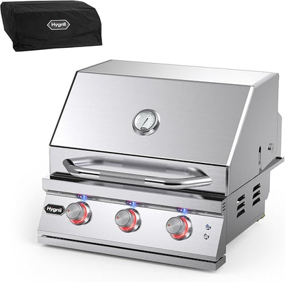 Hygrill Premium XTR 3-Burner Built In Grill, Stainless Steel Grill Head for Outdoor Kitchen with LED Lights, Liquid Propane