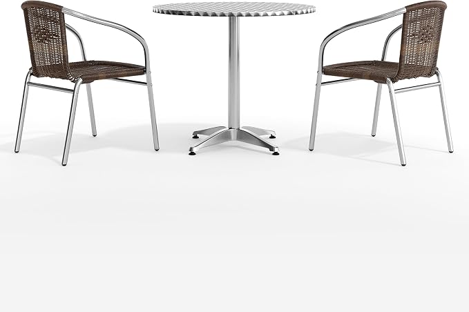 Flash Furniture Lila 31.5'' Round Aluminum Indoor-Outdoor Table Set with 2 Dark Brown Rattan Chairs | Aluminum Tabletop, Indoor/Outdoor
