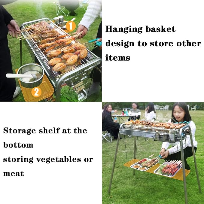 Barbecue Grill Charcoal,Outdoor Portable Stainless Steel Charcoal Grill, Home Barbecue Cooking Tools, with Hanging Basket, Storage Rack (Color : Silver, Size : 67 * 30 * 81cm)