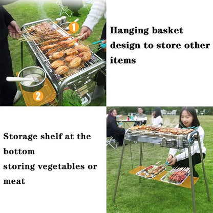Barbecue Grill Charcoal,Outdoor Portable Stainless Steel Charcoal Grill, Home Barbecue Cooking Tools, with Hanging Basket, Storage Rack (Color : Silver, Size : 67 * 30 * 81cm)