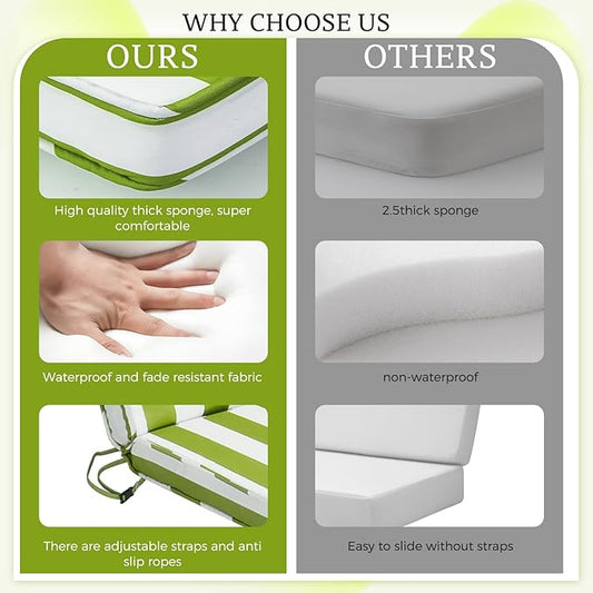 Chaise Lounge Cushions Outdoor, 72"x22"x3" Patio Lounge Chair Furniture Cushions with Washable Covers for Pool, Patio, Lawn (Green+White Stripes, 1 Pcs)