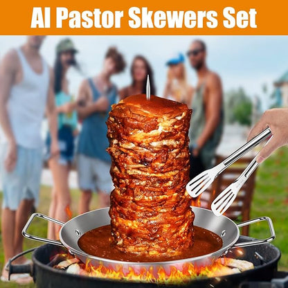 Al Pastor Skewer for Grill, 13 Inch Brazilian Spit Stand with 5 Spikes & 2 Brushes, Tong, Pad, Stainless Steel Vertical Sticks, Gyro Pan with Fat Separator for Tacos Al Pastor, Shawarma, Chicken