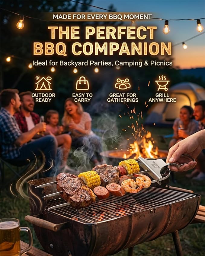 Grill Skewers for Grilling 3 Way Outdoor Metal Chicken BBQ Kabob Meat Stainless Steel 3 Prong Barbeque 2026 New Reusable Three Pronged Push off Slider Bar Triple Pierce Easy to Use Updated