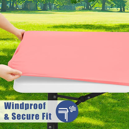 Moosfor 2 Pack Rectangle Spandex Fitted Table Cloth, 8FT Elastic Tablecloth | Washable Picnic Table Cover, Stretch Waterproof Table cloths for Party, Patio, Dining, Kitchen, 30" x 96", Coral Red
