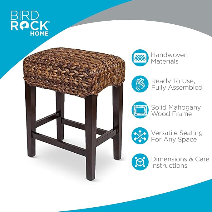 BIRDROCK HOME Seagrass Backless Counter Height Barstool, 24.5" H, Espresso | Backless Counter Stools for Kitchen, Bar, or Dining Room, Fully Assembled Mahogany Wood Barstool with Seagrass Seat