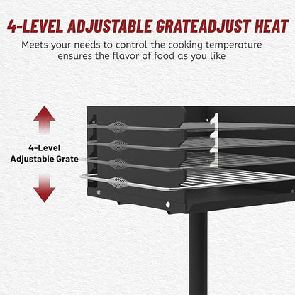 25"×17" Park-Style Charcoal Grill, Heavy Duty Steel Outdoor BBQ Park Grill with Stainless Steel Cooking Grate and Post for Backyard or Camping, Black