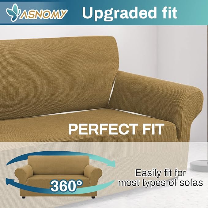 Asnomy Stretch Couch Covers Washable, loveseat Cover Slipcovers,Light Brown | 1-Piece Sofa Cover(55"-78") loveseat cover Furniture Protector Soft Jacquard,Non-Slip Elastic Bottom for Dogs & Kids