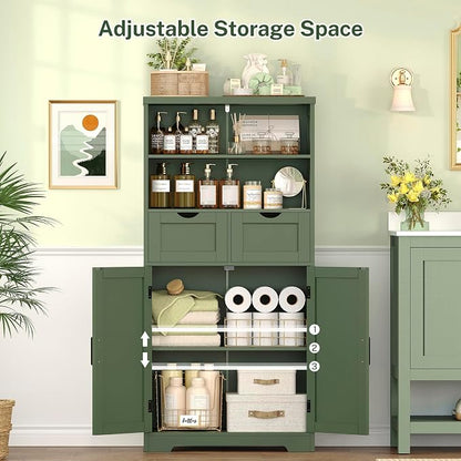 Bathroom Cabinet with Adjustable Shelf & 2 Drawers, Farmhouse Storage Cabinet with 2 Doors, Kitchen Storage Cabinets for Living Room, Entryway, Home Office, Forest Green