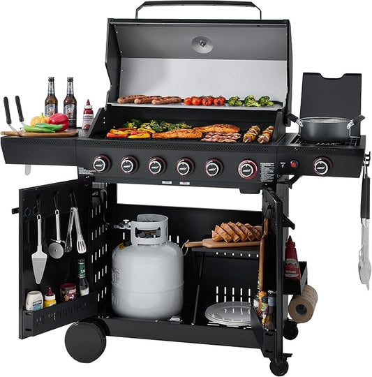 Royal Gourmet GE6001H 6-Burner Gas Grill, 72,000 BTU, 691 Sq. In. Cooking Area, with Sear and Side Burner, Side Shelf with hooks, spice basket, Movable Cabinet Style Grill for Outdoor Grilling, Black