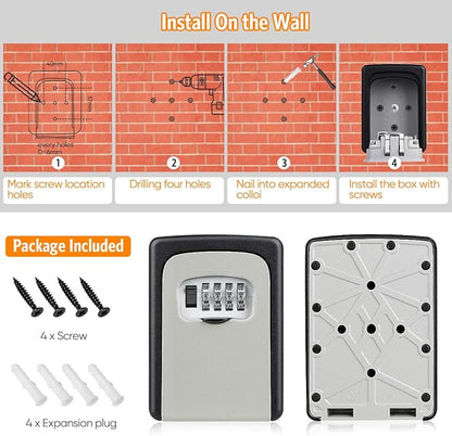 Key Lock Box Wall Mounted, Fayleeko 4 Digit Combination Lockbox for Outside, House Keys - 5 Keys Capacity, Key Safe Security Storage Lock Box for Indoor, Outdoor, Garage, Garden, Store (Grey, 4Pack)