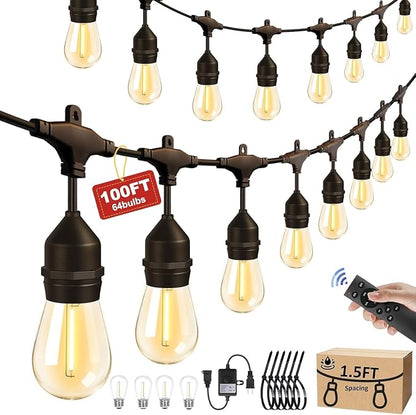 100FT Outdoor String Light 64Bulbs (1.5FT Bulbs Spacing),120W Dimmer Remote | Patio Lights with IP65 Waterproof, Dimmable & Timing & 3 Mode, Connectable, Zipper Ties for Outside Commercial Backyard