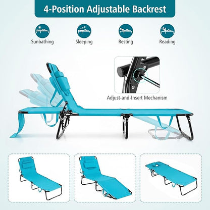 GYMAX Tanning Chair, Folding Lounge Chairs with Face Hole & Cover, Removable Pillow Carry Handle, Portable Compact Outdoor Layout Recliner for Beach, Poolside, Lawn, Patio, Camping (Turquoise,1)