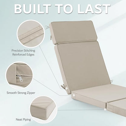 72 x 21 Inch Outdoor Chaise Lounge Cushions Set of 2 - Removable Cover, 4-Section Design, Water-Repellent & Fade-Resistant, 6 Tie Straps, Replacement for Patio & Pool Chairs - Cream