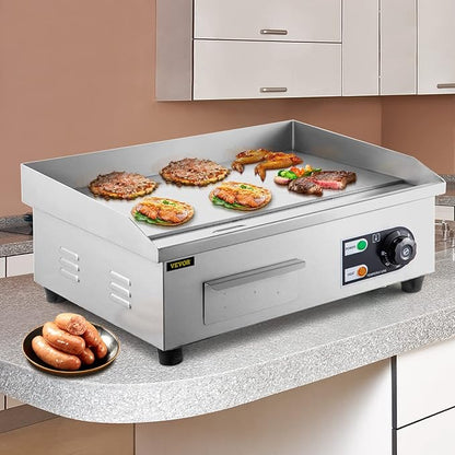 VEVOR Commercial Electric Griddle, 18" Teppanyaki Grill, 1600W Electric Flat Top Grill, Stainless Steel Electric Countertop Griddle w/Drip Hole, 50-300℃ Countertop Griddle for Pancake (No Plug)