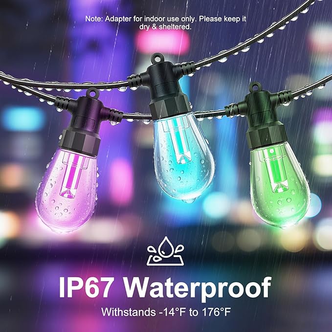 Outdoor String Lights 96ft(2×48ft), Patio Lights with 30 Dimmable LED Bulbs, RGBW & Warm White, IP67 Waterproof, Shatterproof, APP & Remote Control, Color Change, Customizable for Backyard