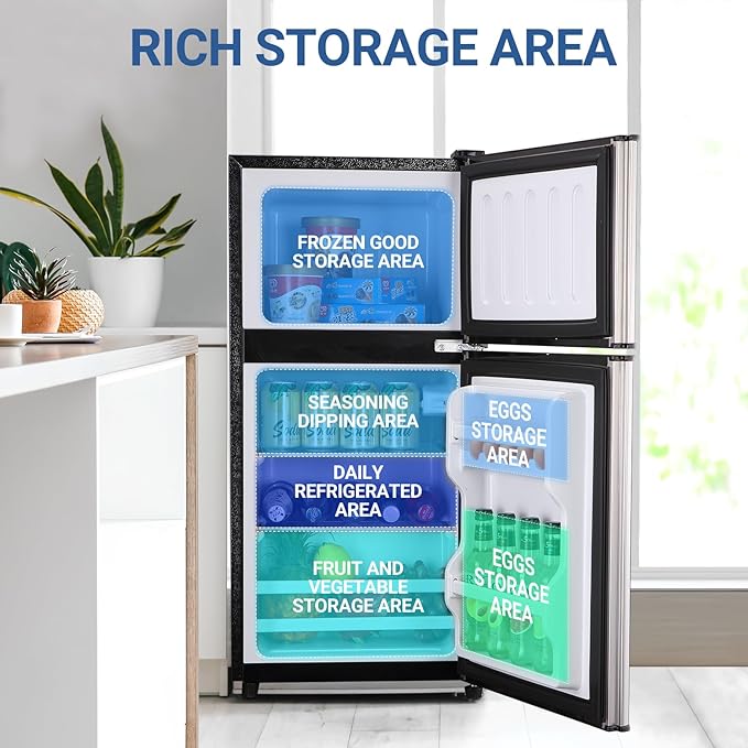 Dorm Fridge with Freezer, Small Refrigerator 3.5 Cu. Ft. 7-Level | Mini Fridge with Freezer for Apartment, 7 Temperature Adjustable Apartment Size Fridge for Kichen, College, RV, Silver