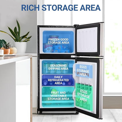 Dorm Fridge with Freezer, Small Refrigerator 3.5 Cu. Ft. 7-Level | Mini Fridge with Freezer for Apartment, 7 Temperature Adjustable Apartment Size Fridge for Kichen, College, RV, Silver