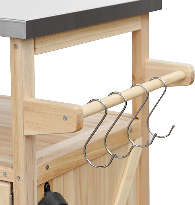 50.25" Kitchen Island Rolling Bar Cart & Storage Cabinet, Farmhouse Solid Wood Outdoor Grill Table with Stainless Steel Top and Spice, Towel Rack for BBQ,Natural