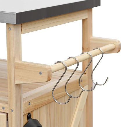 50.25" Kitchen Island Rolling Bar Cart & Storage Cabinet, Farmhouse Solid Wood Outdoor Grill Table with Stainless Steel Top and Spice, Towel Rack for BBQ,Natural